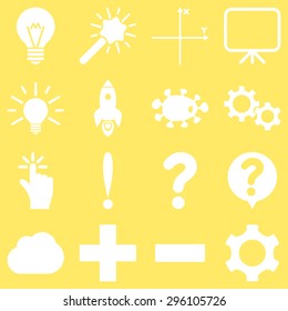 Basic science and knowledge vector icons. These plain symbols use white color and isolated on a yellow background.