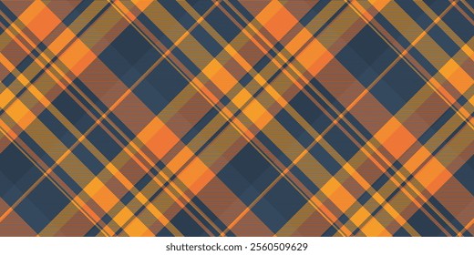 Basic seamless fabric background, intricate check pattern plaid. Composition tartan vector textile texture in orange and blue colors palette.