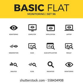 Basic set of application, magnifier and computer icons. Modern flat pictogram collection. Vector material design concept, web symbols and logo concept.