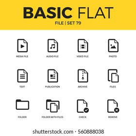 Basic set of archive, audio file form and folder form icons. Modern flat pictogram collection. Vector material design concept, web symbols and logo concept.