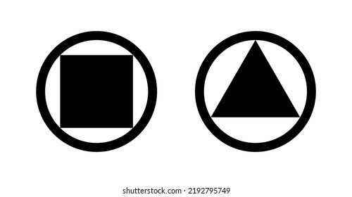 Basic Set Of Arrangements With Primary Shapes Square In Circle And Triangle In Circle Icon. Vector Image.