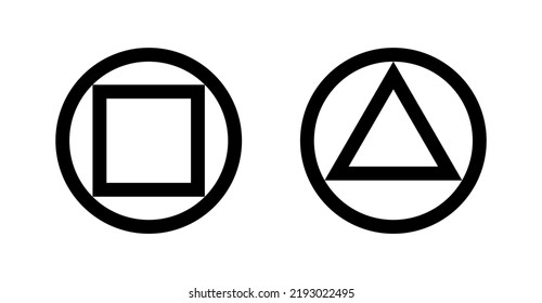 Basic Set Of Arrangements With Primary Shapes Square In Circle And Triangle In Circle Icon. Vector Image.