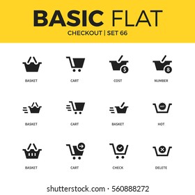 Basic set of cart form, basket form and cost icons. Modern flat pictogram collection. Vector material design concept, web symbols and logo concept.