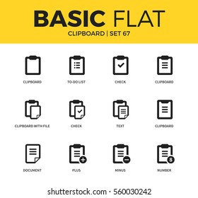 Basic set of clipboard check form, text form icons. Modern flat pictogram collection. Vector material design concept, web symbols and logo concept.