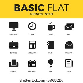 Basic set of coffee, calendar icon and suitcase icons. Modern flat pictogram collection. Vector material design concept, web symbols and logo concept.