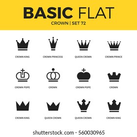 Basic set of crown pope form, crown king form and crown princess form icons. Modern flat pictogram collection. Vector material design concept, web symbols and logo concept.