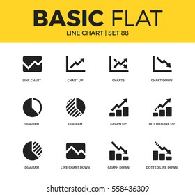 Basic set of diagram, graph down and chart down icons. Modern flat pictogram collection. Vector material design concept, web symbols and logo concept.