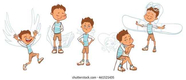 A basic set of emotions. The child's feelings: joyful, happy, does not believe, guilty, sorry, sad. Funny cartoon character. Vector illustration. Impressions of the child from the activity.