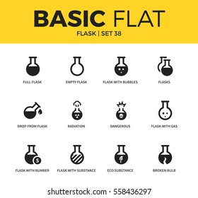 Basic set of empty flask, radiation and broken bulb icons. Modern flat pictogram collection. Vector material design concept, web symbols and logo concept.