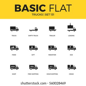 Basic set of empty truck, eco and food icons. Modern flat pictogram collection. Vector material design concept, web symbols and logo concept.