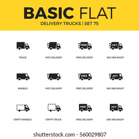 Basic set of empty truck form, fast delivery form and minibus icons. Modern flat pictogram collection. Vector material design concept, web symbols and logo concept.