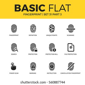 Basic set of file protection form, unique points form and finger scan fingerprint icons. Modern flat pictogram collection. Vector material design concept, web symbols and logo concept.