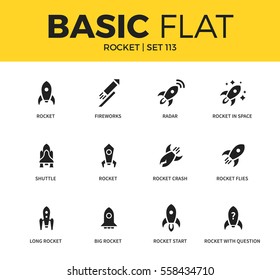 Basic set of fireworks, rocket in space and rocket start icons. Modern flat pictogram collection. Vector material design concept, web symbols and logo concept.