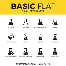 Basic set of flasks, broken bulb and radiation icons. Modern flat pictogram collection. Vector material design concept, web symbols and logo concept.