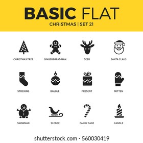 Basic set of gingerbread man, candy cane form and deer form icons. Modern flat christmas pictogram collection. Christmas vector material design concept, web symbols and logo concept.