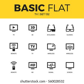 Basic set of glasses, HD, remote and signal icons. Modern flat pictogram collection. Vector material design concept, web symbols and logo concept.