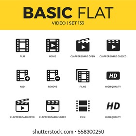 Basic set of high quality, movie and films icons. Modern flat pictogram collection. Vector material design concept, web symbols and logo concept.