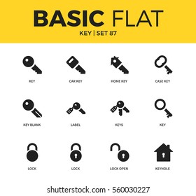 Basic set of label, lock and case key icons. Modern flat pictogram collection. Vector material design concept, web symbols and logo concept.