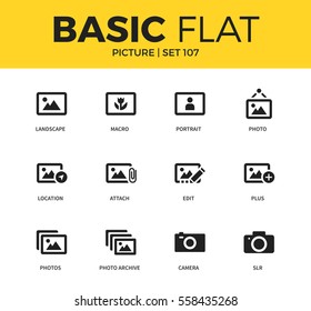 Basic set of landscape, camera and location icons. Modern flat pictogram collection. Vector material design concept, web symbols and logo concept.