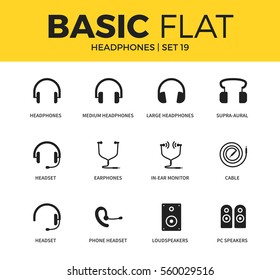 Basic set of loudspeakers, earphones and PC speakers icons. Modern flat pictogram collection. Vector material design concept, web symbols and logo concept.