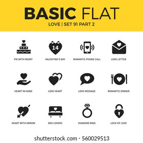Basic set of love heart, love message and romantic dinner icons. Modern flat pictogram collection. Vector material design concept, web symbols and logo concept.