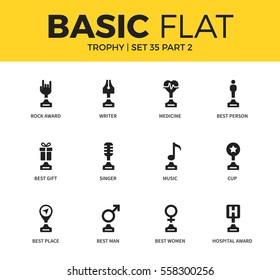 Basic set of medicine, cup, best person and singer icons. Modern flat pictogram collection. Vector material design concept, web symbols and logo concept.