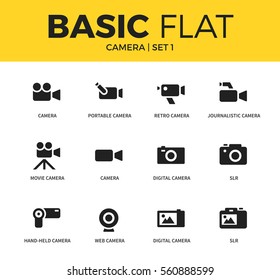 Basic set of movie camera, journalistic camera form and web camera form icons. Modern flat pictogram collection. Vector material design concept, web symbols and logo concept.