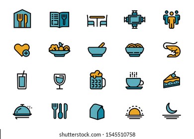 Basic set of restaurant management color icons. Food menu and service for customer.