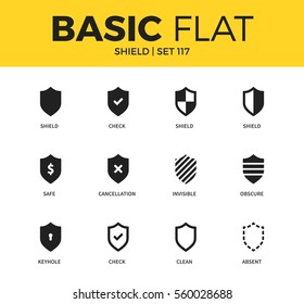 Basic set of shield, obscure and keyhole icons. Modern flat pictogram collection. Vector material design concept, web symbols and logo concept.