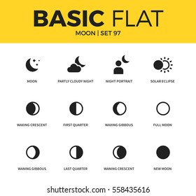 Basic set of solar eclipse, last quarter and first quarter icons. Modern flat pictogram collection. Vector material design concept, web symbols and logo concept.