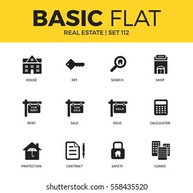 Basic Set Of Sold, Contract And Condo Icons. Modern Flat Pictogram Collection. Vector Material Design Concept, Web Symbols And Logo Concept.