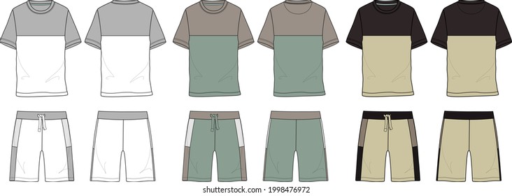 Basic Set T Shirt and shorts With cut and sew technical fashion sketch vector template isolated on white background front and back view. Vector art drawing illustration Eps 10. Men's Apparel design.