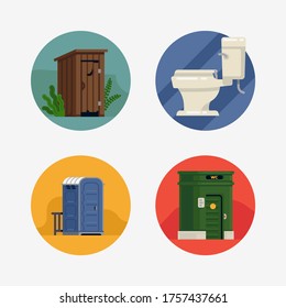 Conjunto básico de iconos vectoriales redondos en retretes y aseos con un baño de madera, retrete de plástico portátil, inodoro de cerámica y aseo público automático de la ciudad