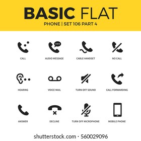 Basic set of voice mail, no call and cable handset icons. Modern flat pictogram collection. Vector material design concept, web symbols and logo concept.