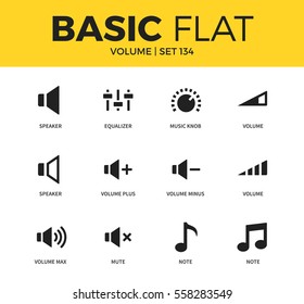 Basic set of volume plus, note and speaker icons. Modern flat pictogram collection. Vector material design concept, web symbols and logo concept.
