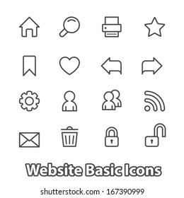 Basic set of website icons for navigation, contour flat isolated vector illustration