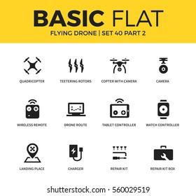 Basic set of wireless remote, landing place and repair kit icons. Modern flat pictogram collection. Vector material design concept, web symbols and logo concept.