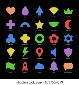 Basic shape collection. 2d figure vector illustration. Simple isolated icon large set. English language wording sign. Heart, drop, arrow, diamond, crown, cross, crescent,  flower, pinion, kite.