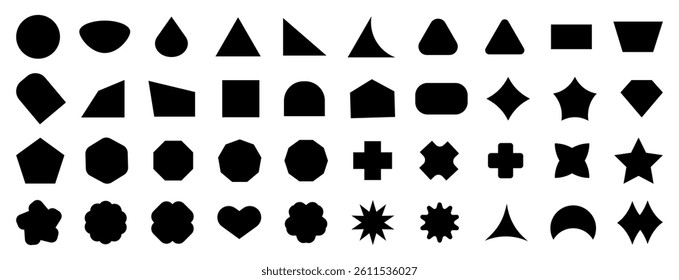 Basic shapes collection. Abstract geometric formal shape. Polygonal elements. Trendy minimalist basic figure, diamond, circles, hexagon, star, triangle flat style. Vector illustration.