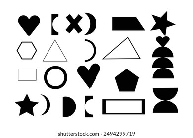  basic shapes collection. Minimalist symbols. Black Iconography. Flat vector icon. Icons set. Primitive forms. Modernist abstract geometric shapes. Geometric elements. Brutalist design.