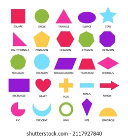 Basic shapes geometric form collection for primary school or preschool. Colored kids geometry figures for learning, children education, educational set on white background.