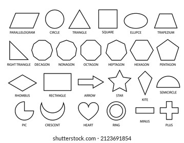 Basic shapes geometric form collection for primary school or preschool. Outline kids geometry figures for learning, children education, educational set on white background