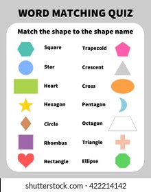 Basic Shapes Matching Quiz. Learning 2D shapes for children education. Learn basic geometric shapes with preschool kids. Elementary two dimensional shapes