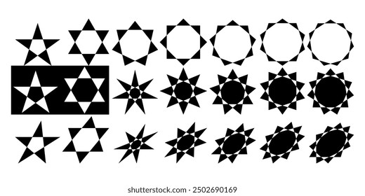 basic shapes, various complex star shapes, design icons, white background.
