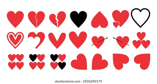 basic shapes, various red heart shapes, design icons, white background.