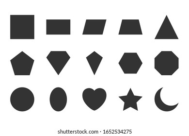 Basic shapes vector set. geometrical collection. circle, rectangle, square, ellipse, hexagon, octagon, star, triangle, moon on white background.