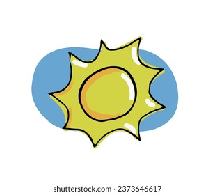 Basic shiny sun icon, symbol on a blue sky. Colorful hand drawn cartoon style vector illustration isolated on white background.