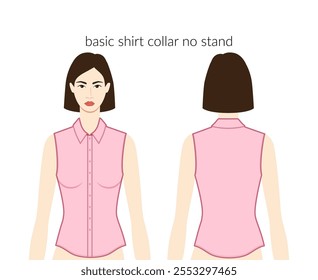 Basic shirt collar no stand neckline placket clothes character beautiful lady in pink top, dress technical fashion illustration with fitted body. Flat apparel template. Women, men unisex CAD mockup