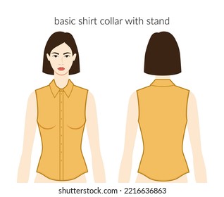 Basic shirt collar with stand neckline plackets clothes character beautiful lady in ochre top, dress technical fashion illustration with fitted body. Flat apparel template. Women men unisex CAD mockup