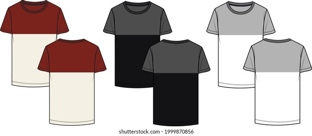 Basic Short sleeve T Shirt With cut and sew technical fashion sketch vector template isolated on white background front and back view. Vector Illustration Eps 10. Men's Apparel design.